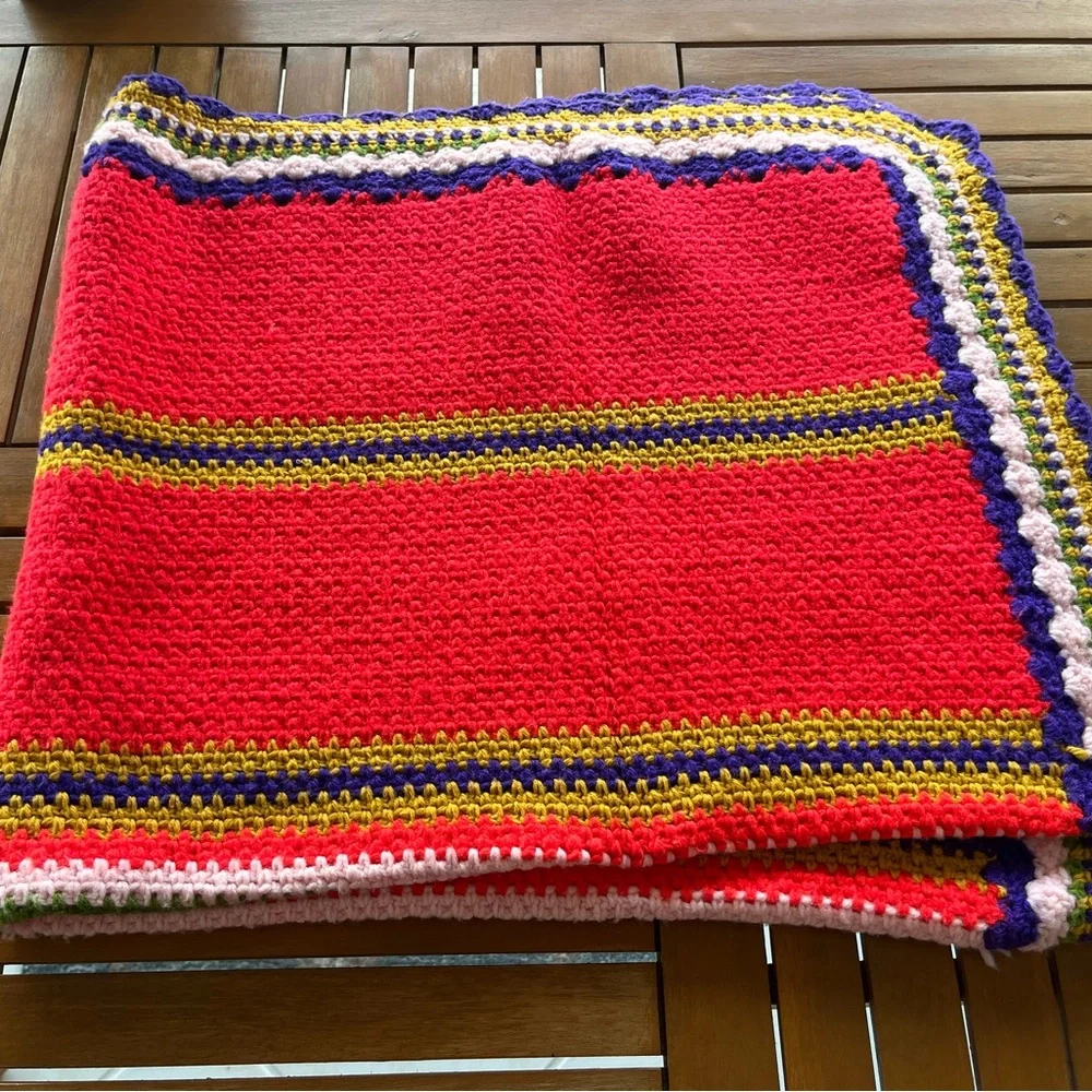 Color Block Stripe Afghan Throw Blanket Red Pink Purple Gold Green Vintage